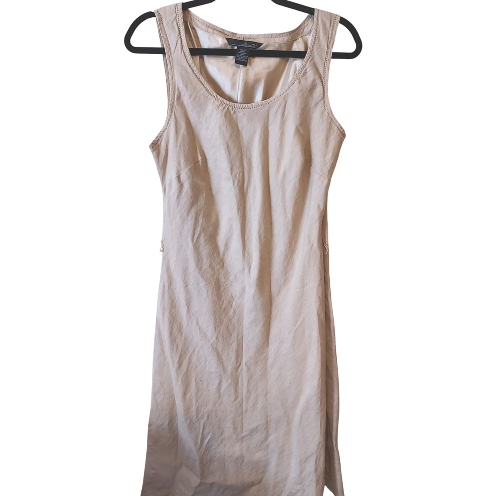 Willi Smith Sleeveless Dress Womens 14 Beige 100% Linen Lined Side Zip Sheath